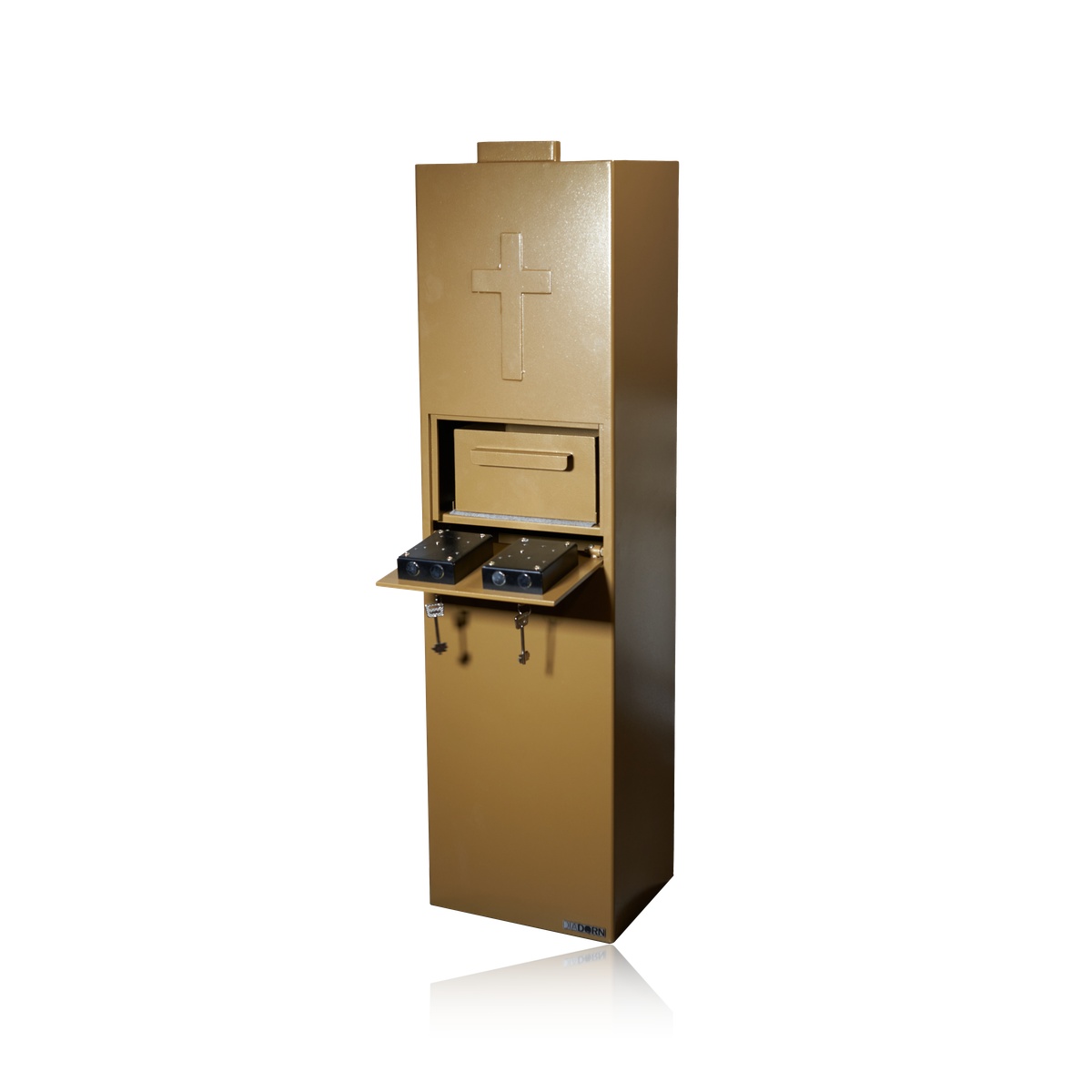 Opferstock | Standmodell | Gold-Bronze | Kreuz-Prägung | 4-Augen-Prinzip | 2 Schlösser | Doppelte Rückholsicherung | Schwere Ausführung | Kirchentresor