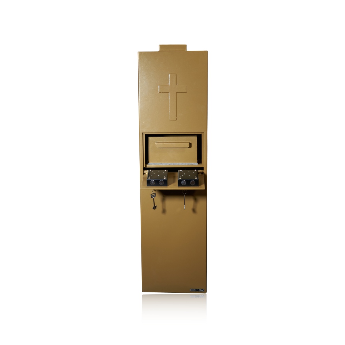 Opferstock | Standmodell | Gold-Bronze | Kreuz-Prägung | 4-Augen-Prinzip | 2 Schlösser | Doppelte Rückholsicherung | Schwere Ausführung | Kirchentresor