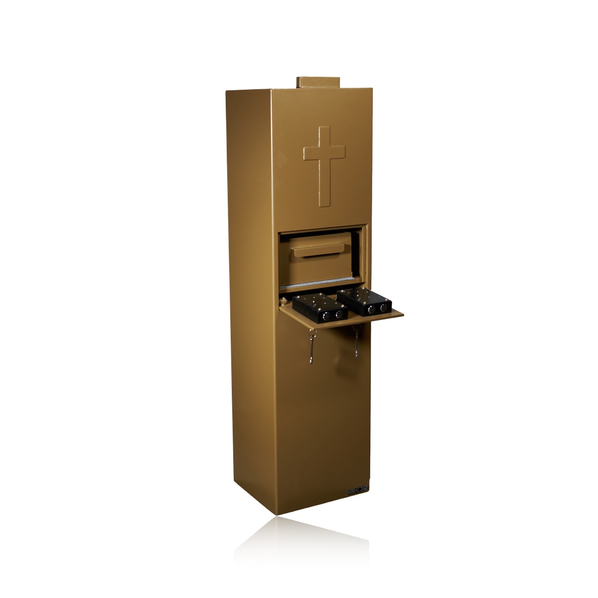 Opferstock | Standmodell | Gold-Bronze | Kreuz-Prägung | 4-Augen-Prinzip | 2 Schlösser | Doppelte Rückholsicherung | Schwere Ausführung | Kirchentresor