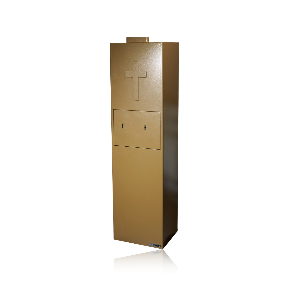 Opferstock | Standmodell | Gold-Bronze | Kreuz-Prägung | 4-Augen-Prinzip | 2 Schlösser | Doppelte Rückholsicherung | Schwere Ausführung | Kirchentresor