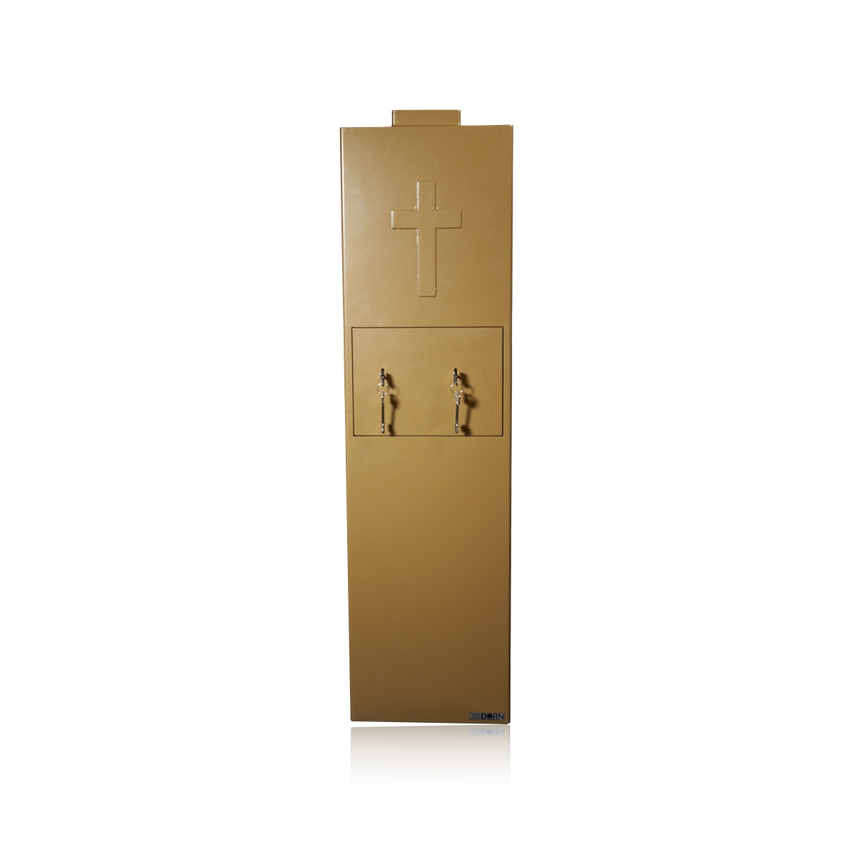 Opferstock | Standmodell | Gold-Bronze | Kreuz-Prägung | 4-Augen-Prinzip | 2 Schlösser | Doppelte Rückholsicherung | Schwere Ausführung | Kirchentresor