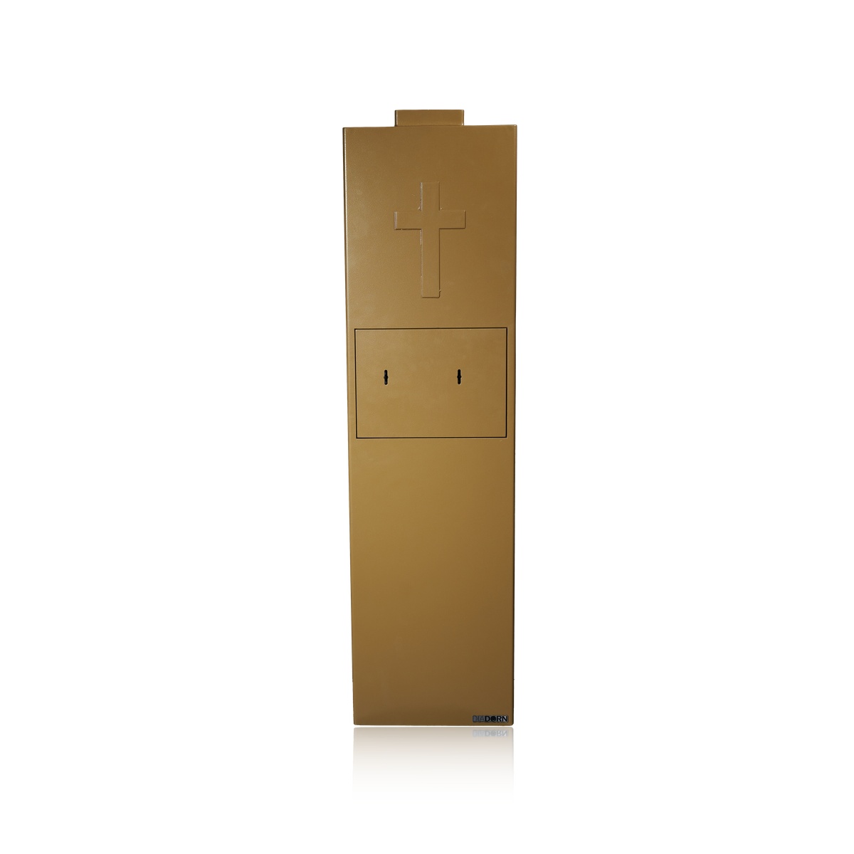 Opferstock | Standmodell | Gold-Bronze | Kreuz-Prägung | 4-Augen-Prinzip | 2 Schlösser | Doppelte Rückholsicherung | Schwere Ausführung | Kirchentresor